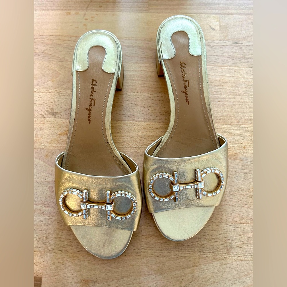 Salvatore Ferragamo Gold Embellished Slides